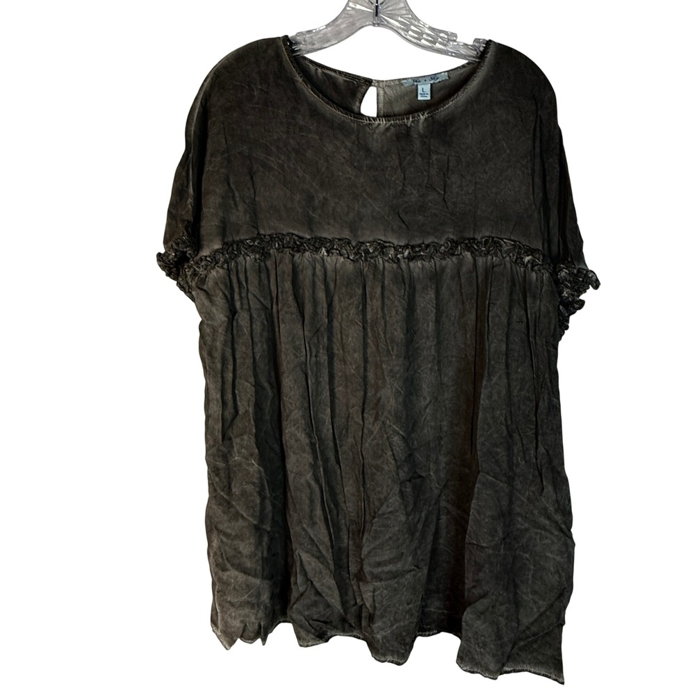 She + Sky Gray Washed Rayon Babydoll Tunic Top Women's L Boho crochet trim - Picture 3 of 11